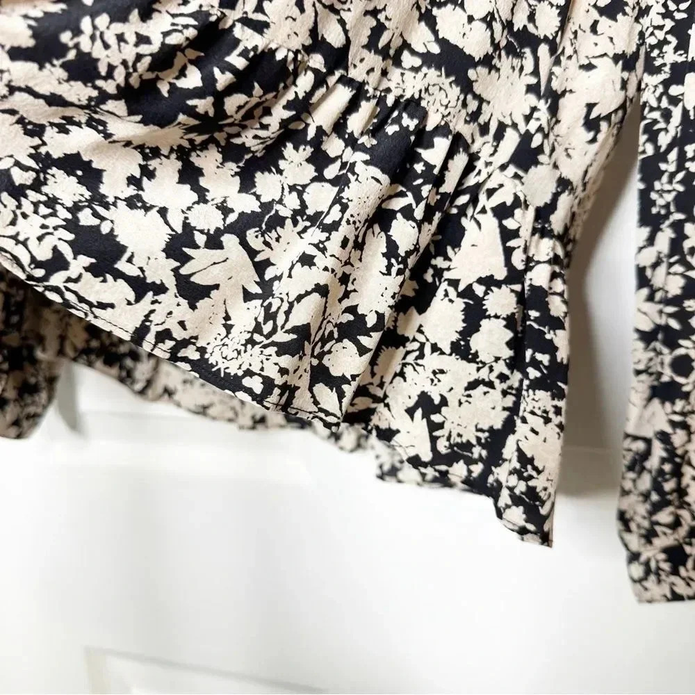 REBECCA TAYLOR 100% Silk Cream Black‎ Floral Print Blouse Peplum Size 0 - Picture 3 of 8